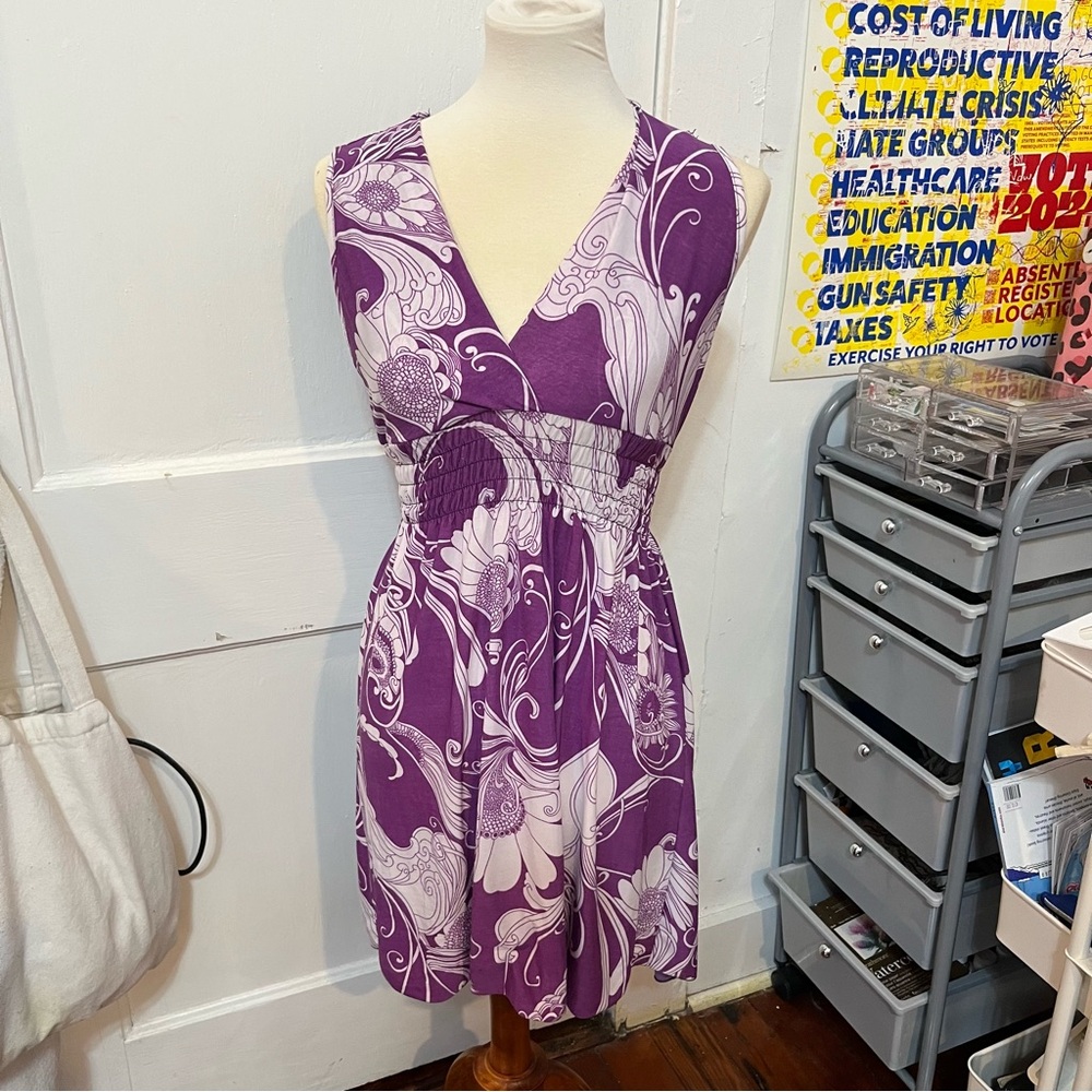 purple paisley floral plunge neck printed dress